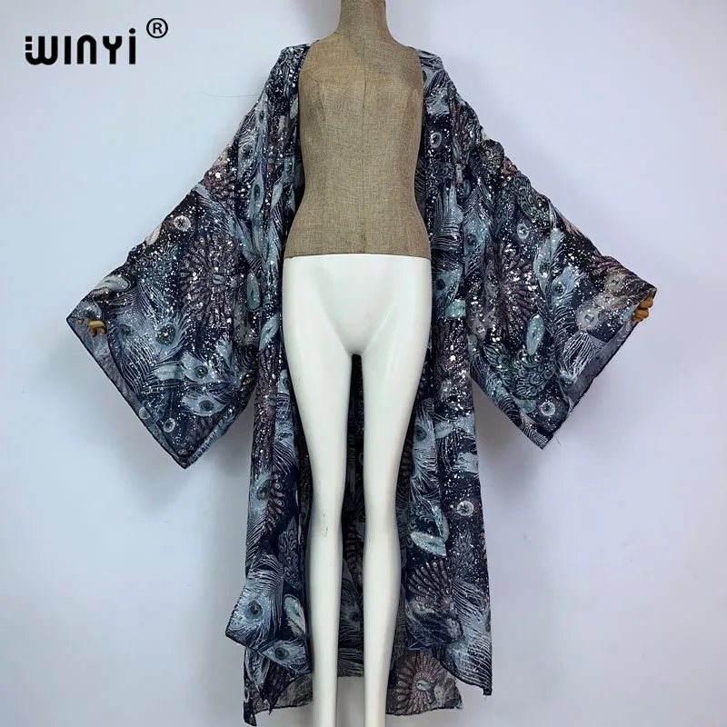 WINYI Africa z nadrukiem rozlanego atramentu brązujący nadruk z piór kobiety luźna sukienka impreza Boho Maxi wakacje na plaży futerał do pływania się Kimono