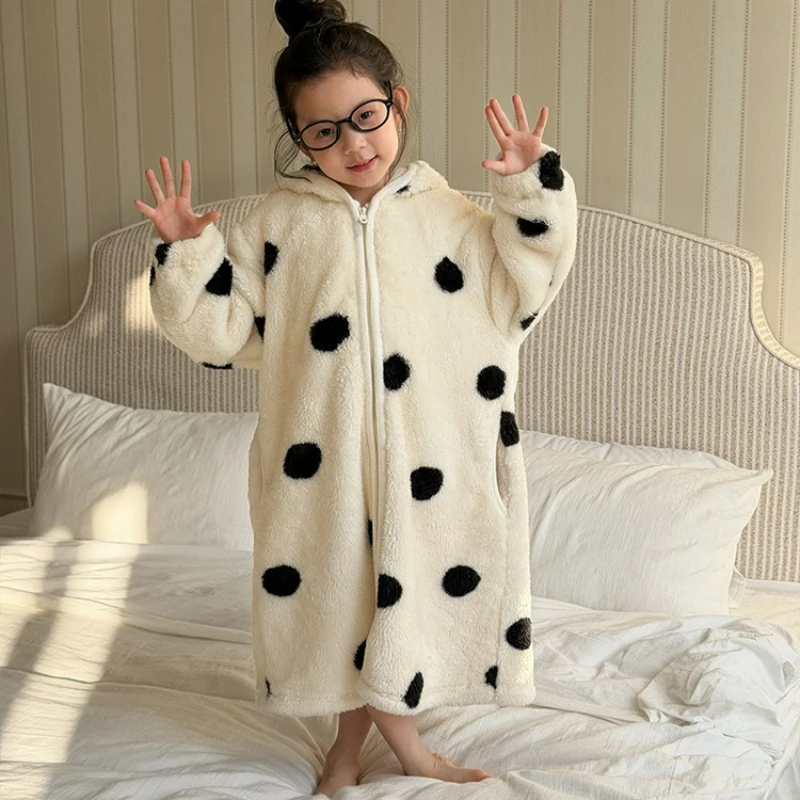 Children's Cute Warm Soft Fleece Sleeping Robe for Boys and Girls Winter Hooded Home Clothes