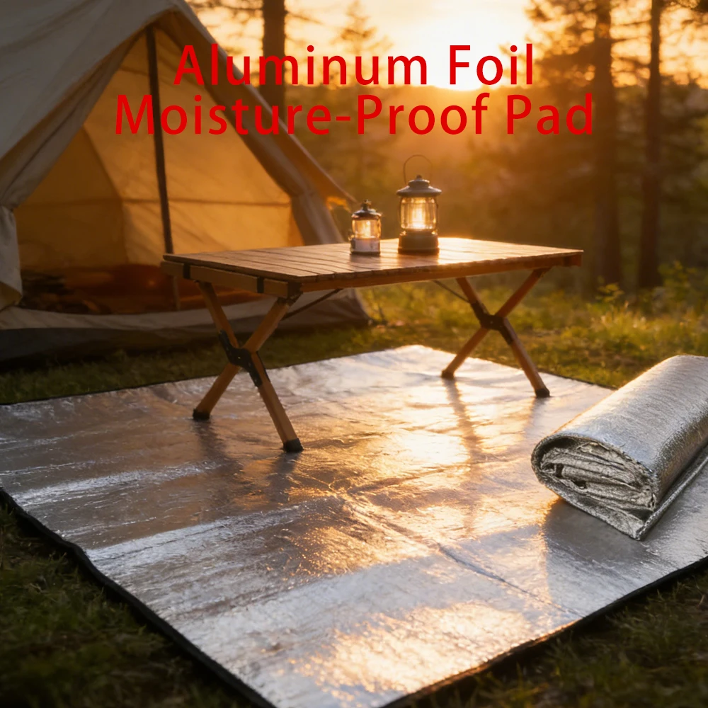 Camping-Aluminiumfolien-Feuchtigkeitsmatte, 1 Stück, mit kostenlosem Aufbewahrungsbeutel, tragbare rechteckige Bodenabdeckung für Picknick, Strand, Zeltausrüstung