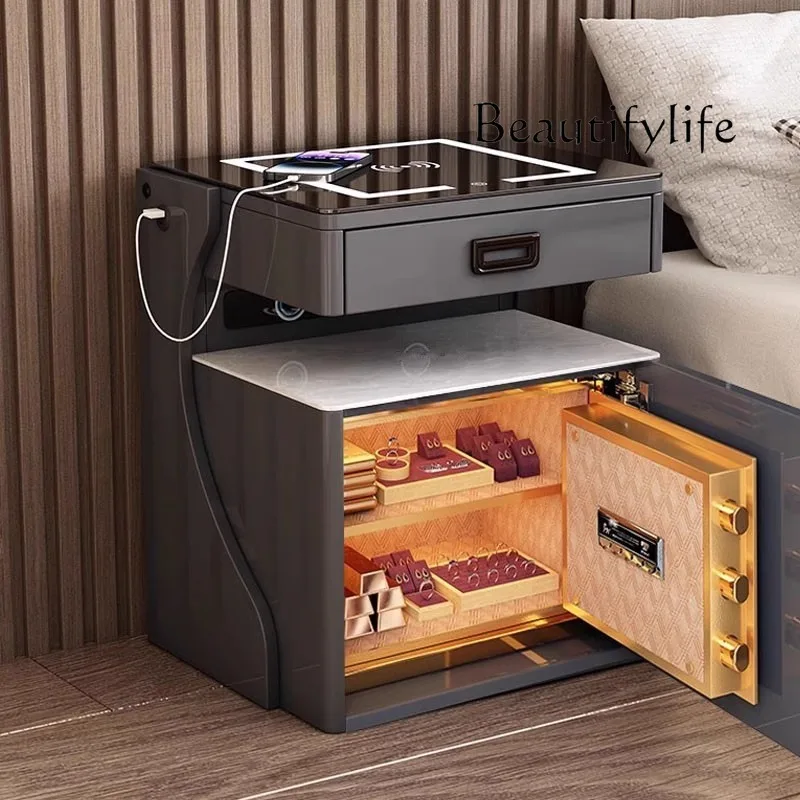 

Smart bedside table safe integrated modern simple wireless charging fingerprint lock solid wood home with password safe