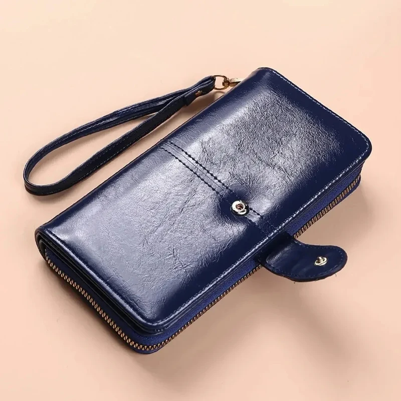 ユニセックスヴィンテージオイルワックスPUレザークラッチ財布女性用大容量電話財布レディースリストバンドシンプルカードホルダーポーチバッグ