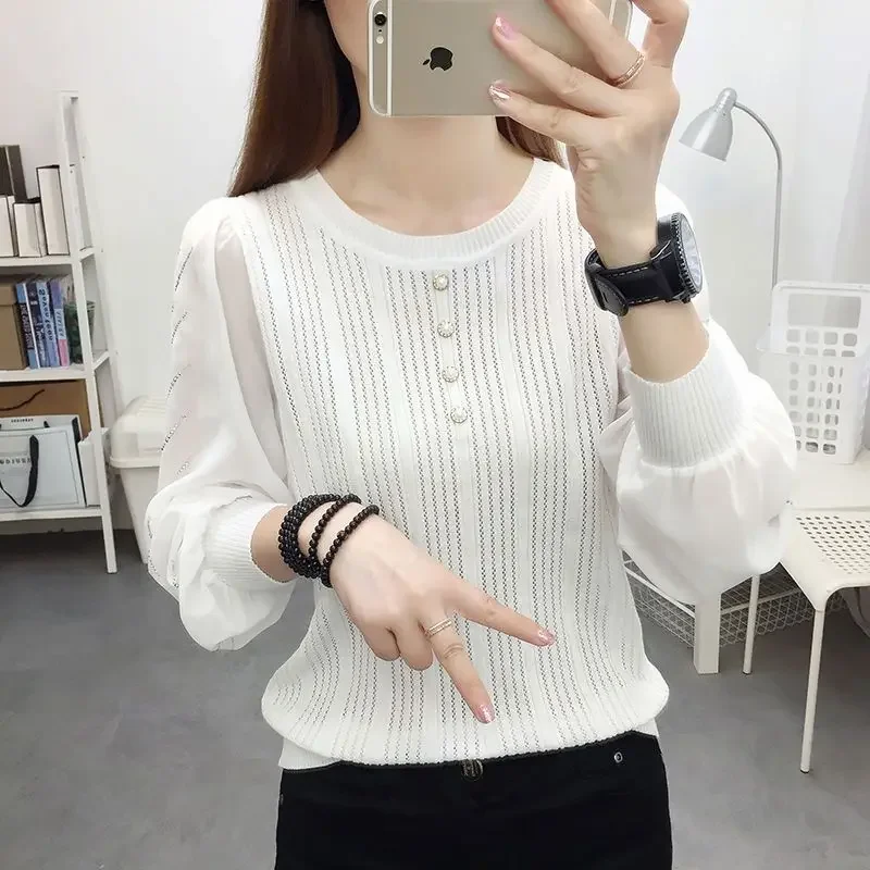 Fashion Chiffon Knitted Patchwork Pullovers Female Clothing Casual Spring Autumn Long Sleeve Fashion Pearl Button T-shirt N767