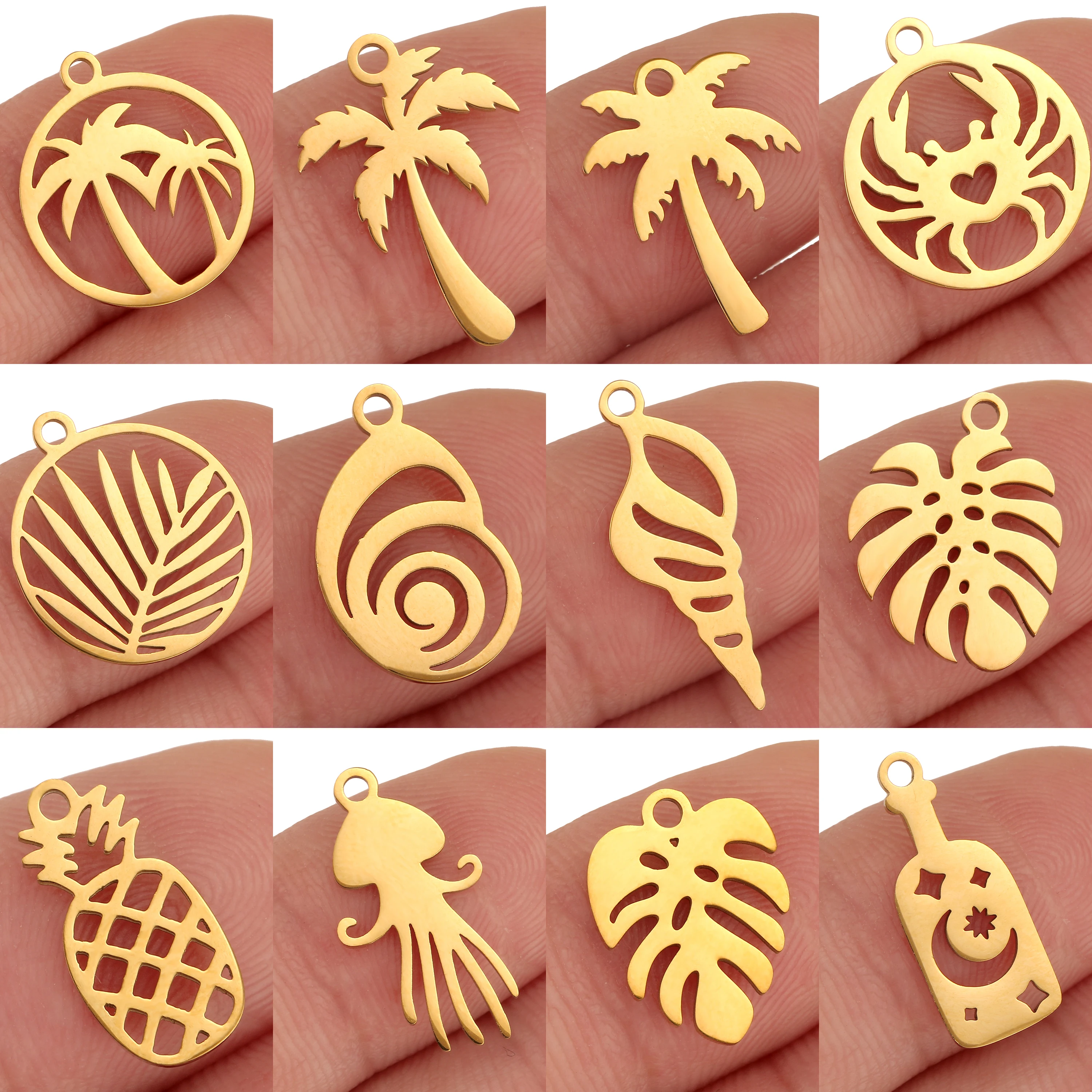 5Pcs Tropical Hawaii Palm Tree Charms Stainless Steel Conch Pendants DIY Jewelry Supply Necklace Bracelet Dangle Jewelry Making