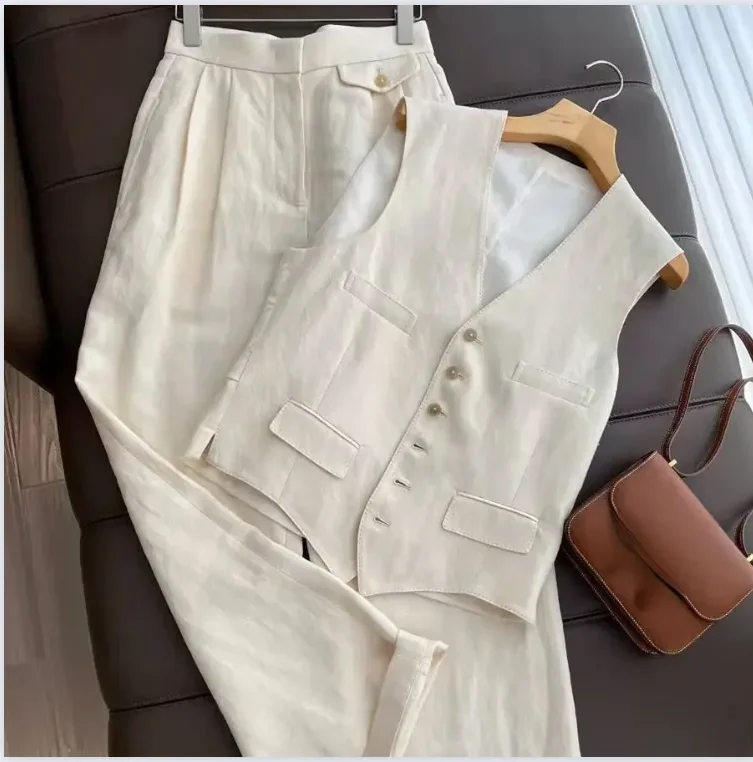 Big Size Autumn Daily Green Style Trendy Cotton Linen Suit Vest  Bottom Two-piece Suit New 2024 Model Sets