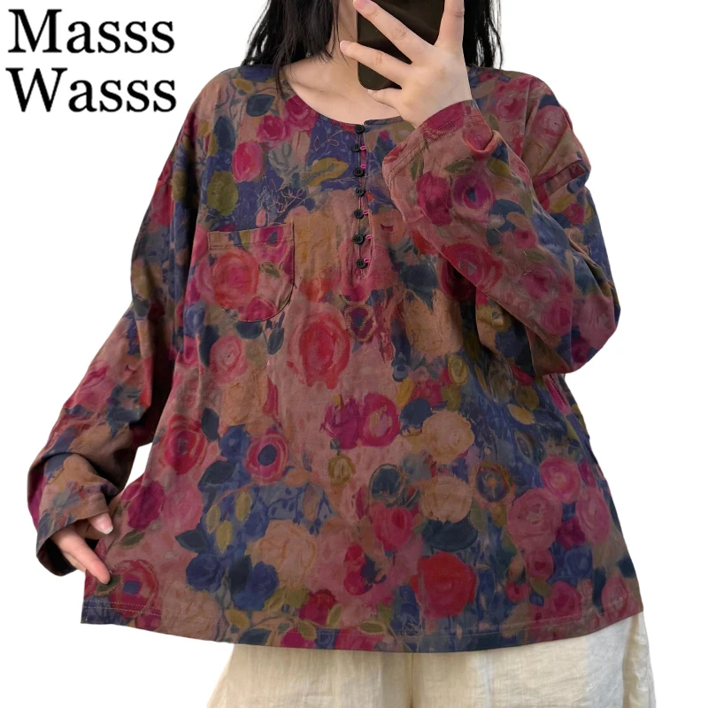 

Mass Wasss 2025, зимняя роскошная одежда, женские модные футболки с круглым вырезом и принтом, женские классические свободные повседневные хлопковые топы с цветочным принтом