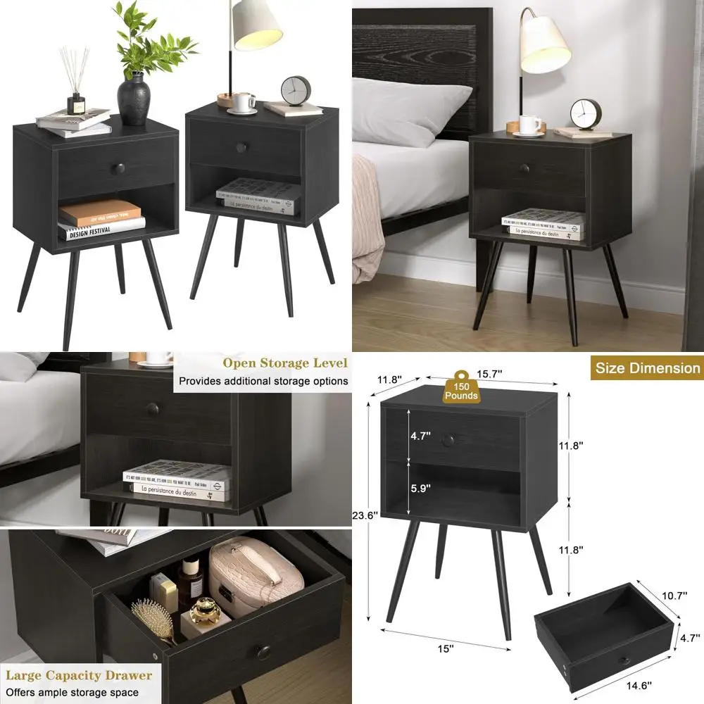 

Pair of Modern Nightstands, Storage Drawer & 2-Tier Shelf, Compact Design for Bedrooms and Living Rooms, Easy Assembly, Black
