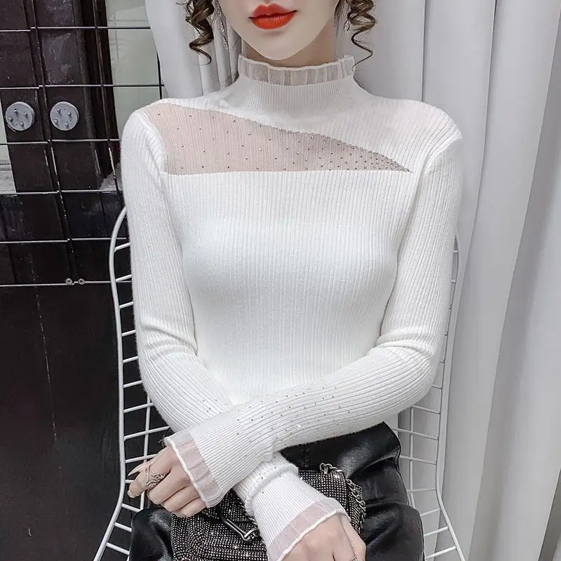 Women Autumn Lace Mock Neck Fashionable Slim Bottoming Shirt Women Clothes Fashion Hollow Out Long Sleeve Pullover Knittin Tops