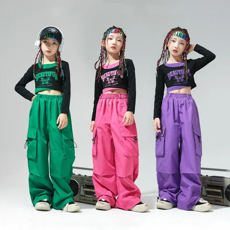 

Girl Hip Hop Clothing Ruched V Neck Crop Top Wide Pocket Cargo Pants for Kids Jazz Dance Costume Clothes