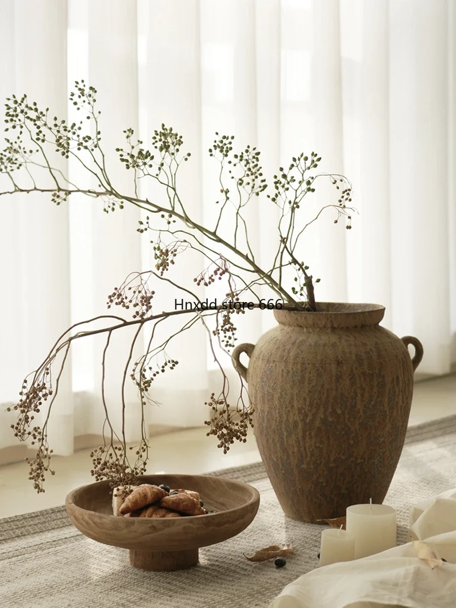 Retro and old binaural ceramic flower ware, wabi-sabi wind model room, homestay coarse pottery pot vase