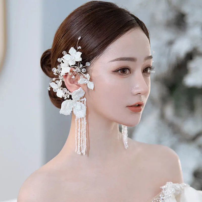 Fashion FLower Crystal Beads Bride Ear Hanging Headdress Flowers Hair Decoration Wedding Hair Accessories