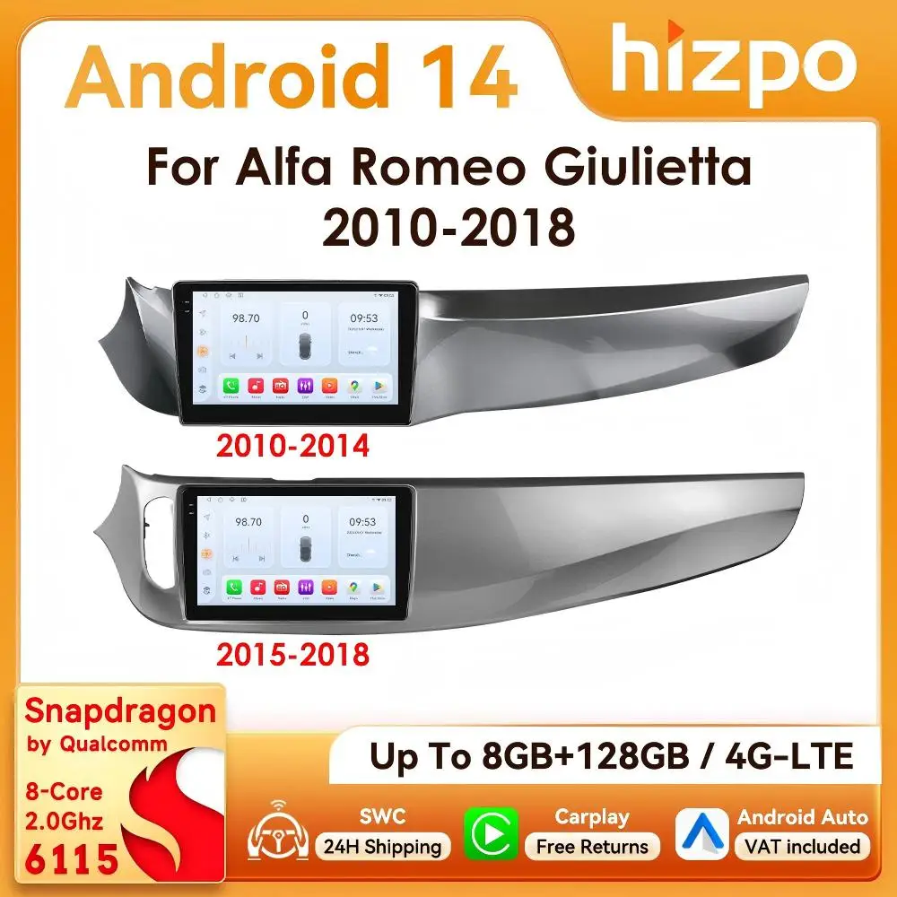9" Hizpo 2Din Android14 Autoradio für Alfa Romeo Giulietta 2010 - 2018 Furgonato RDS DSP GPS 4G BT Auto CarPlay Snapdragon 6115