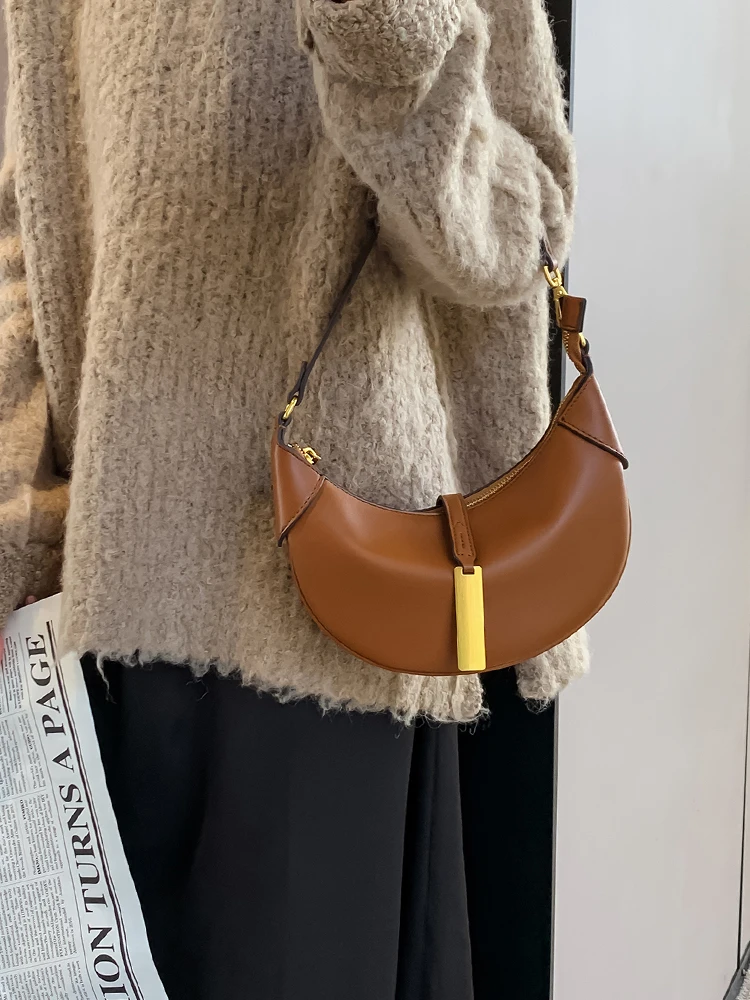 Light Luxury Half Moon Bags for Women Textured Brown Lady Commuter Shoulder Bag 2024 Autumn New Daily Handbags