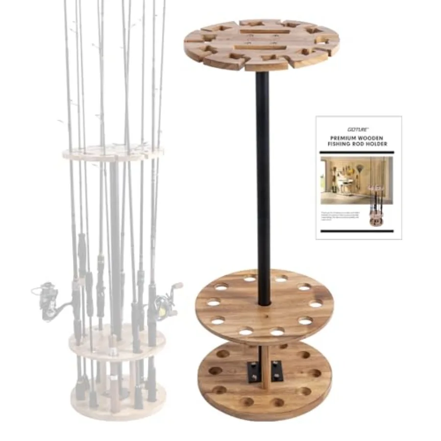 

Round Fishing Rod Holders for Garage Floor Stand Holds up to 10 Rods 2 Built-in Grooves Solid Rubber Wood Fishing Gear Equipmen