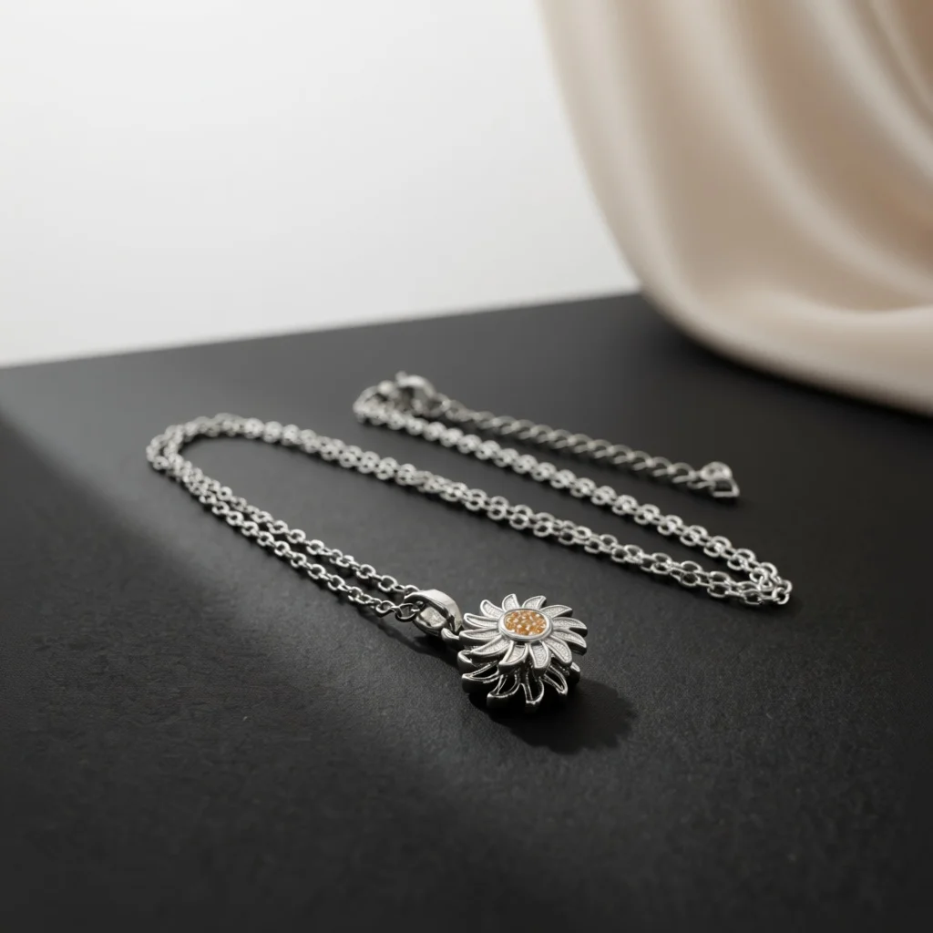 Elegant Rotatable Daisy Necklace Textured Petal Central Paved Stone Double Layer Floral Fashion Jewelry Ornament Gift For Women