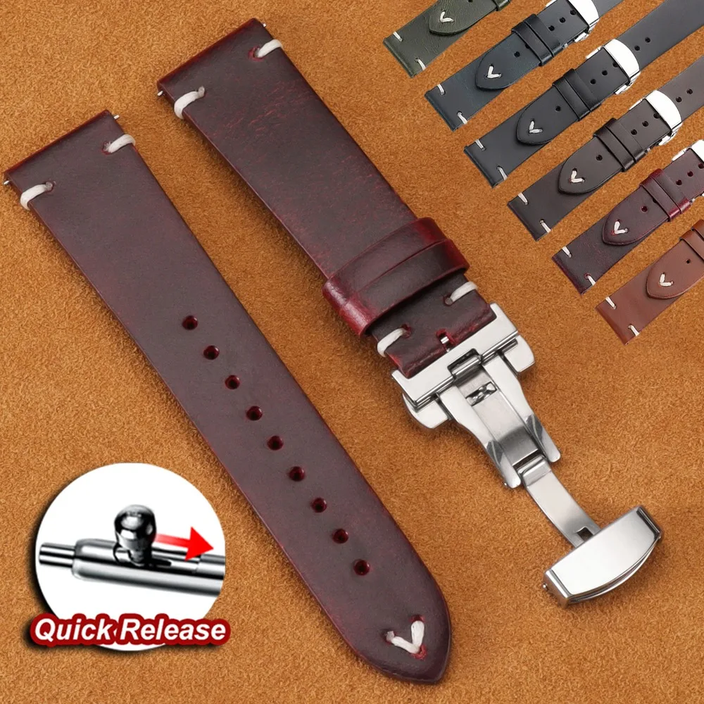

Bracelet for Seiko Oil Wax Leather Watch Band Butterfly Buckle Quick Release Stitching Cowhide Strap for Omega 18mm 20mm 22mm