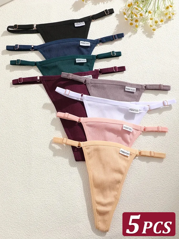 5Pcs Women's Cotton Adjustable Waist Panties Sexy Thongs G-String Solid Color S…