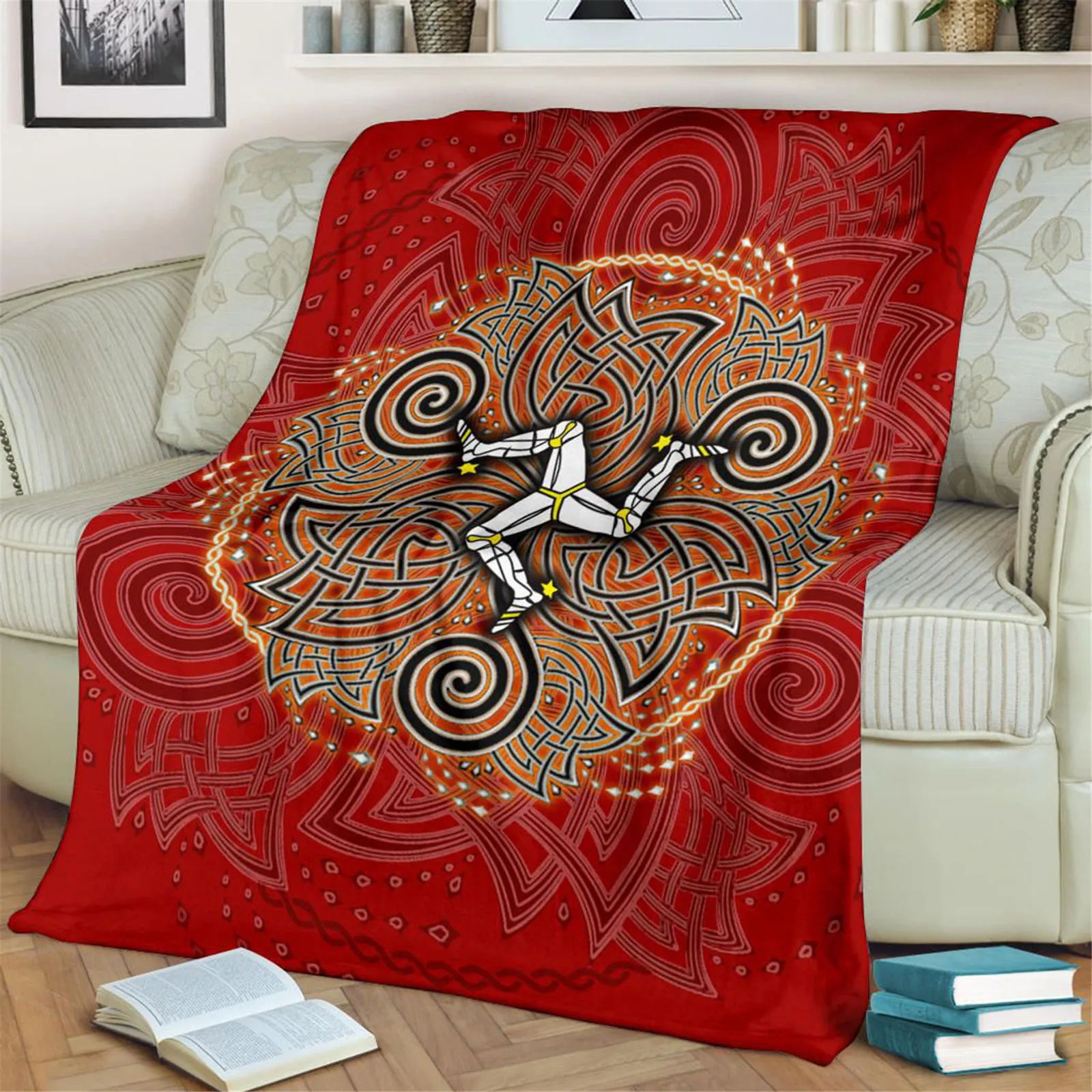 CLOOCL Celtic Premium Blankets Celtic Isle of Man Triple Spiral 3D Printed Flannel Blanket for Sofa Travel Camping Thin Quilts