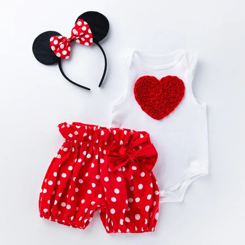 Newborn 0-2 Years Baby Girls Mickey Minnie Birthday Party Clothes Set Children Summer Romper Shorts Ear Headband 3 Pcs Outfits