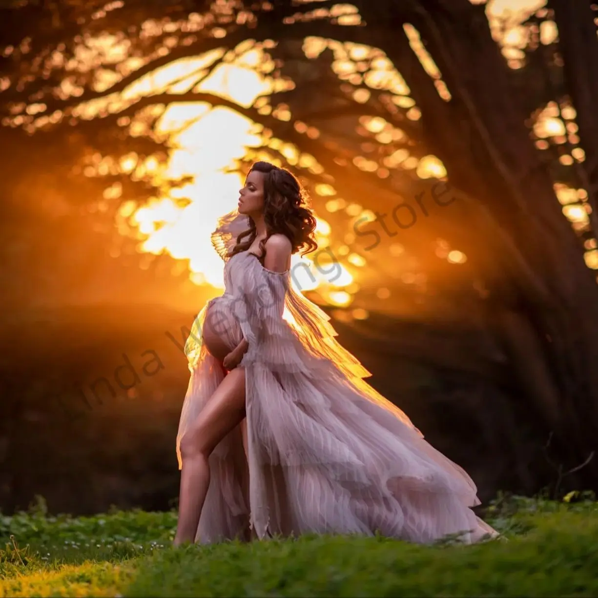 Vestido de maternidad gris Vintage para fotografía, accesorios para sesión de fotos de embarazadas escalonados con hombros descubiertos, batas de Babyshower con abertura personalizada