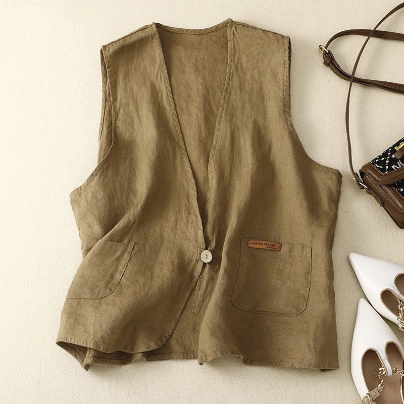 

Loose Solid Color Vest Spring Summer V-neck Sleeveless Vintage Female Waistcoat Literary Leisure Fashion Pockets Women Tanks Top
