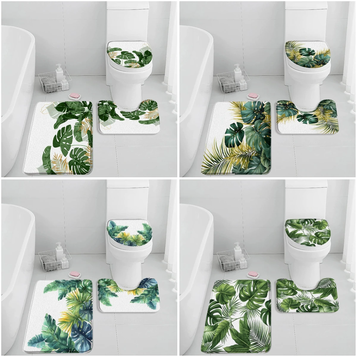 Tropical Leaves Monstera Bath Mat Set Palm Leaf Banana Leaves Plants Botanical Bathroom Decor Home Carpet Toilet Lid Cover