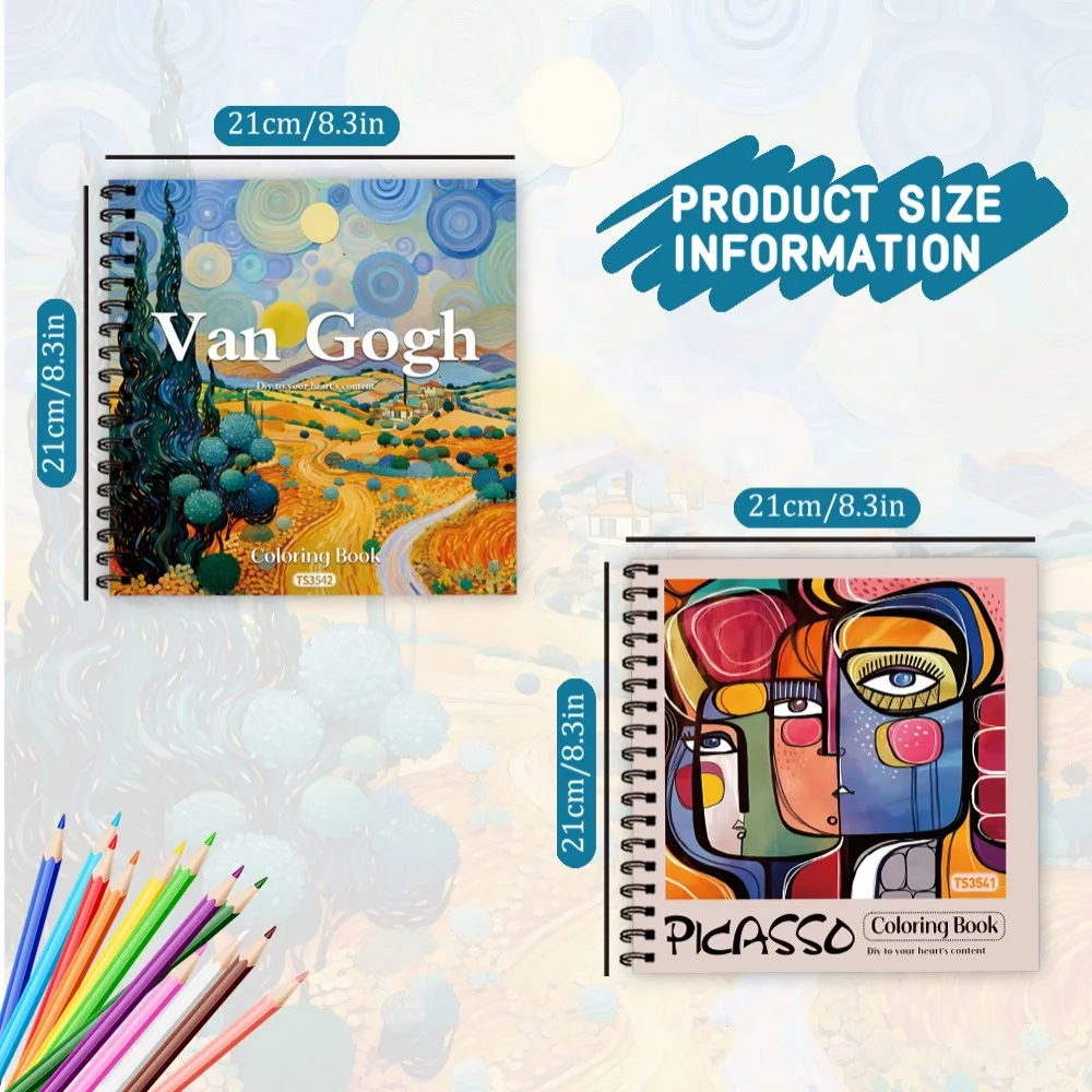 2pcs Vangogh & Picasso Coloring Book Set, Abstract Style, 30 Unique Designs, 8.3 X 8.3 Inches, Spiral Bound, Perfect Gift