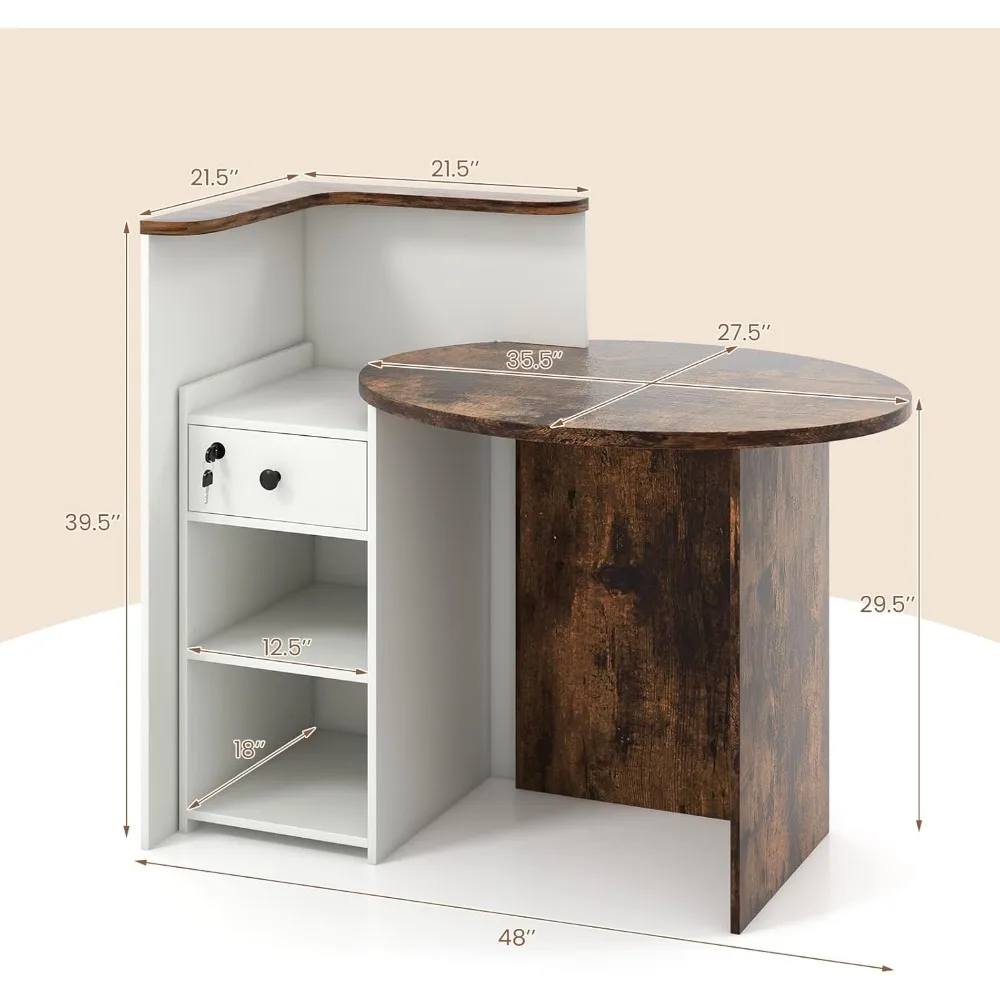 Balcão de recepção com fechadura de 48 polegadas com prateleira de armazenamento e mesa em forma de L para uso em salão de beleza