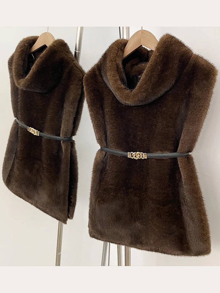 Mumaroho 2026 inverno primavera feminino pele do falso sable colete colheita topo sólido gola alta eco vison pele do falso regata pulôver jaqueta