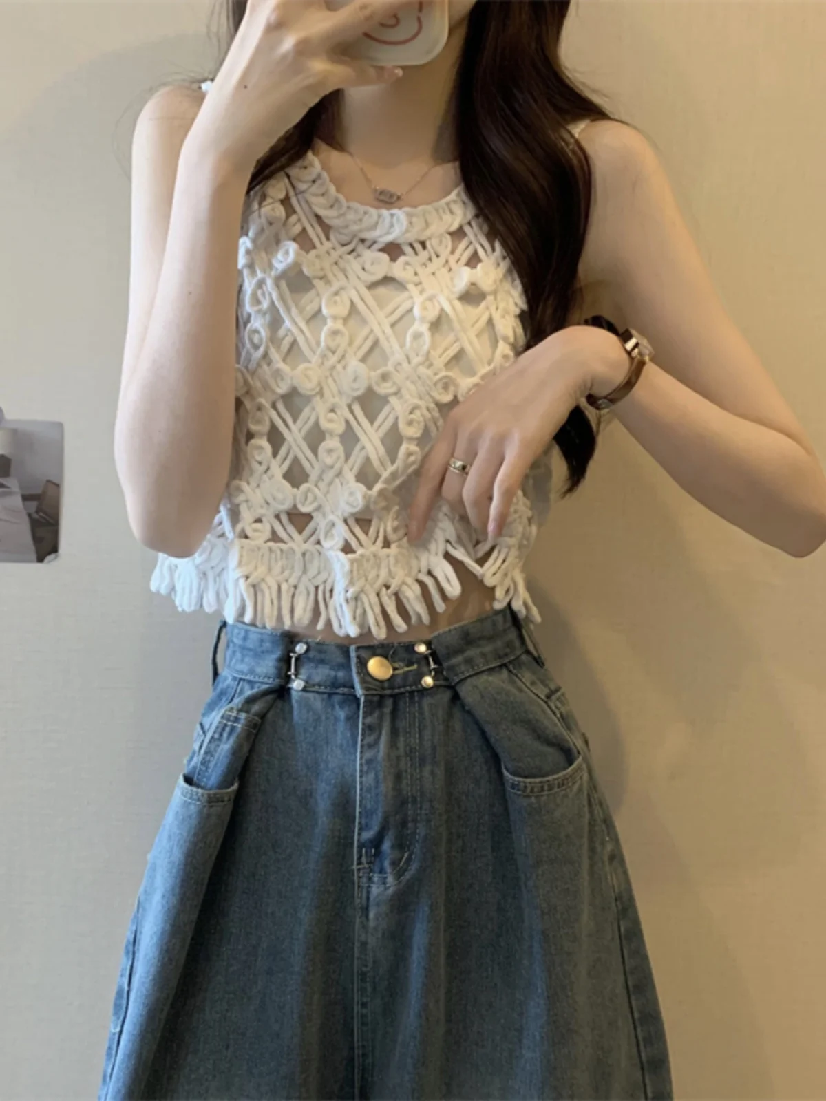 Gestricktes Damen-Weste-Oberteil mit Haken-Design, ausgehöhlt, Sommer-Oberbekleidung, Vintage-Stil, lockerer Svel-Riemen und Vertuschung