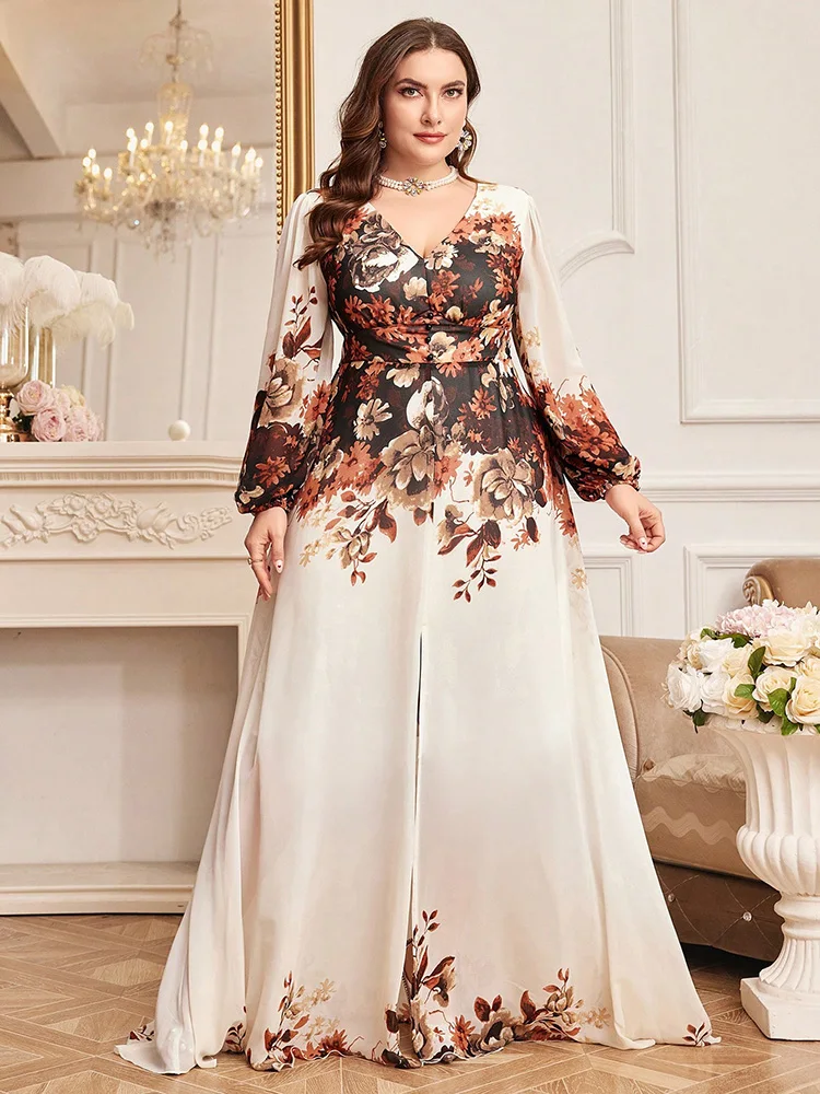 TOLEEN 2024 New Summer Plus Size Womens Luxury Elegant Party Long Dress Lantern Sleeve Arabian Clothing With Floral Print V-Neck