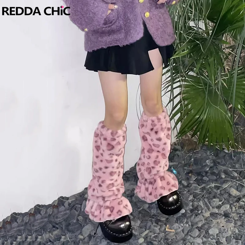 

REDDACHiC Kawaii Pink Leopard Plush Leg Warmers Women Jk Girls Knee Long Socks Rokku Grayu Y2k Boots Cover Harajuku Streetwear