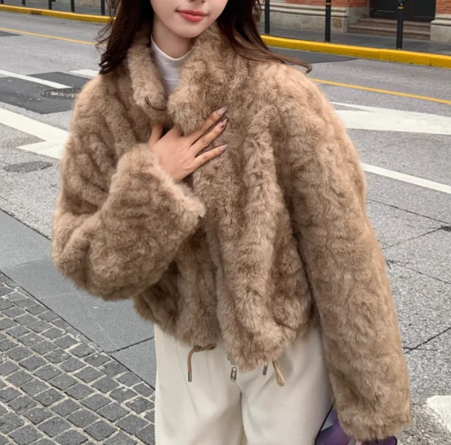 Chaqueta gruesa y cálida con cuello levantado para mujer, Top coreano de manga larga, holgado y versátil, Color café, Otoño e Invierno