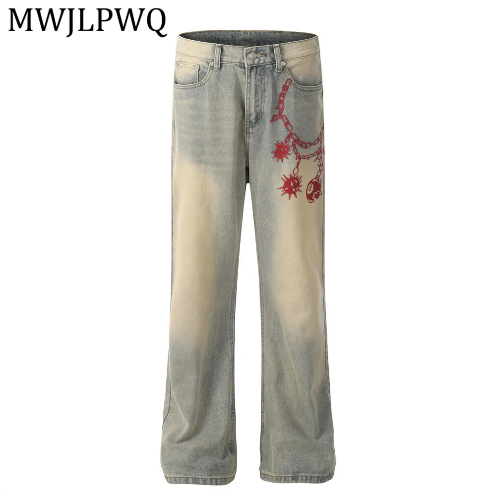 

MWJLPWQ Washed Vintage Mud Yellow Jeans Men American High Street Retro Personality Embroidery Chain Casual Straight Pants 15969