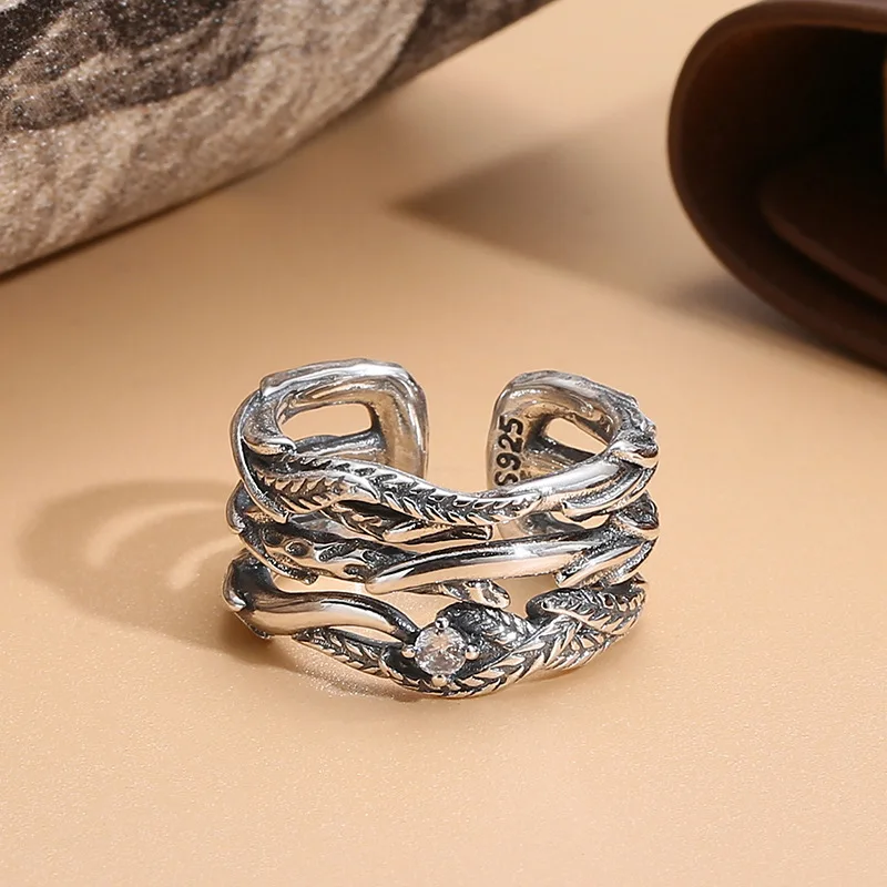 

S925 sterling silver ring retro distressed thai silver ring jewelry summercable stitch men's ring ring opening adjustable