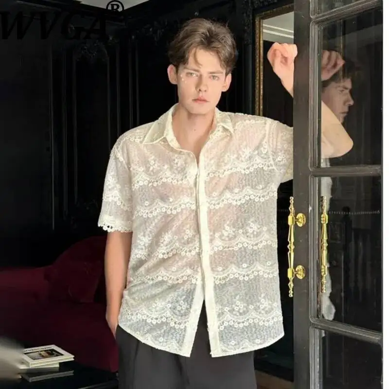 

WVGA Summer New Men's French Style Embroidered Lace Short Sleeved Shirts Niche Casual High-End Hollow Out Design Tops Ins W25017
