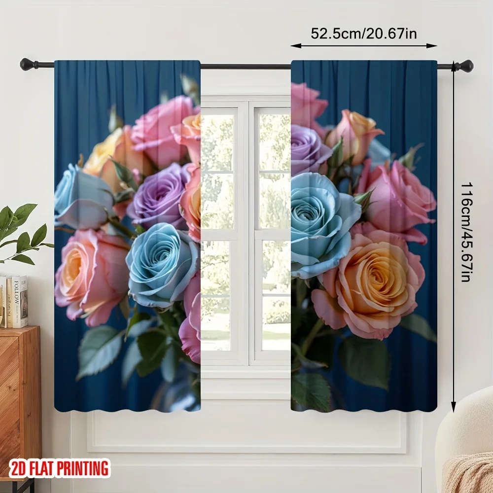 3D Colorful Rose Flower Print Blackout Curtains - Romantic Floral Bouquet Window Drapes for Living Room Bedroom Decor