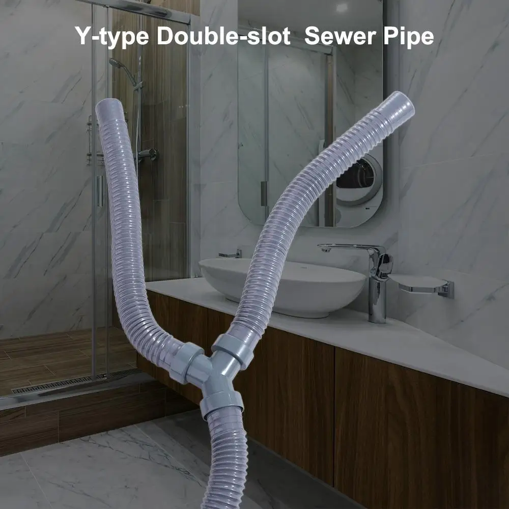 Thicken Y-type Double-slot Sewer Pipe 30mm Durable Three-way Drain Waste Water Outlet Foldable Kitchen Sink Outlet Pipe Mop Pool