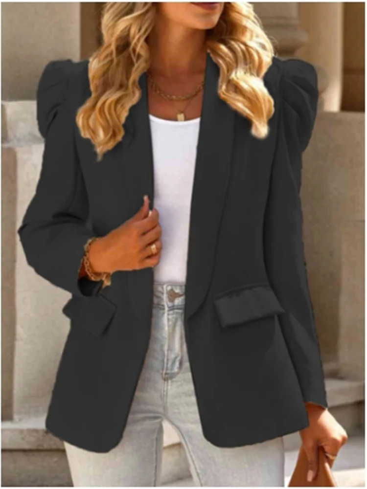Solid Color Lapel Long Sleeved Pocket Women\'s Elegant Suit Daily Office High Street Fashion Urban Style Autumn Coat