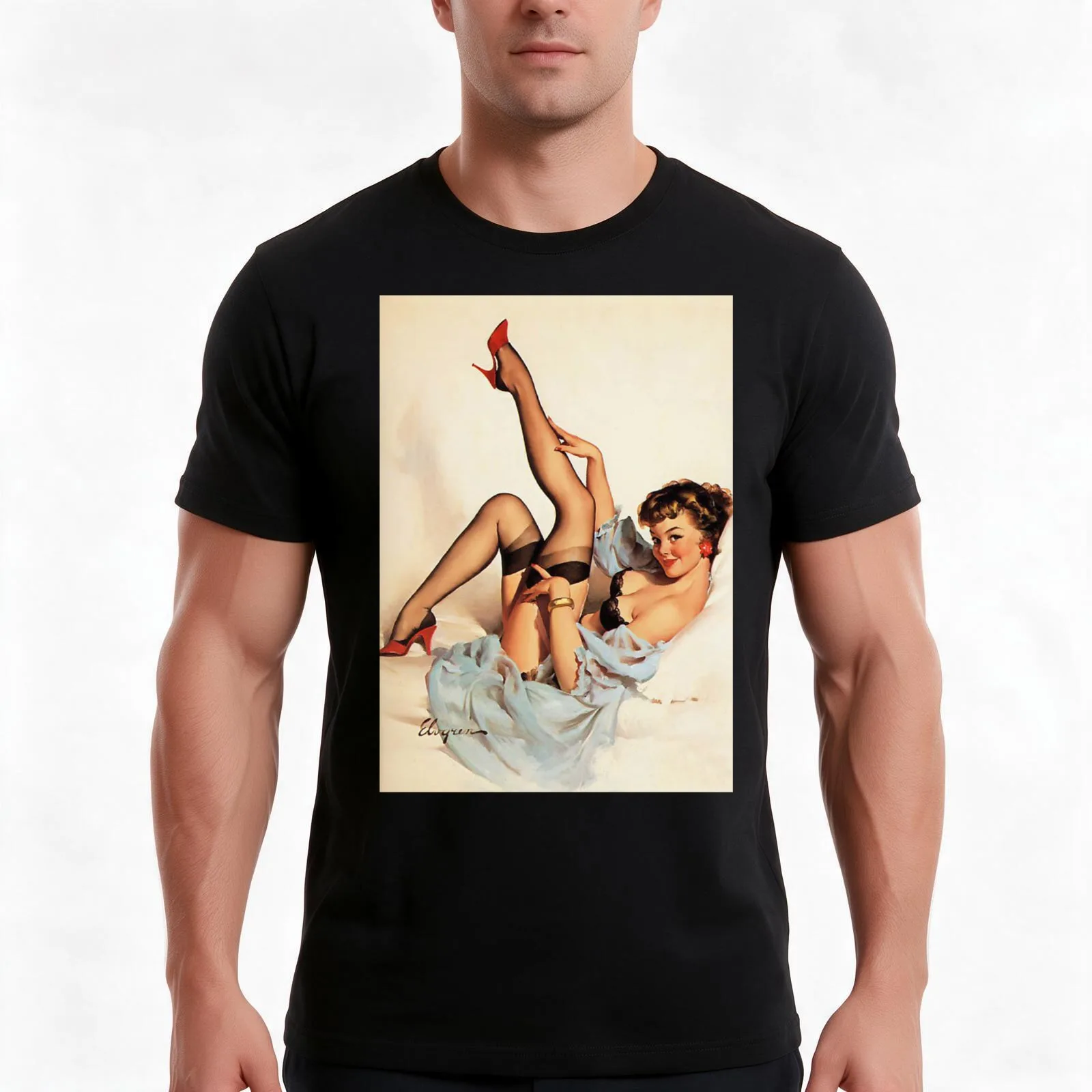Pin-Up Girl - Elvgren - Vintage T-Shirt, Summer Casual Cotton Tee, Oversized Streetwear Tops, Vintage Graphic Print, 100% Cotton