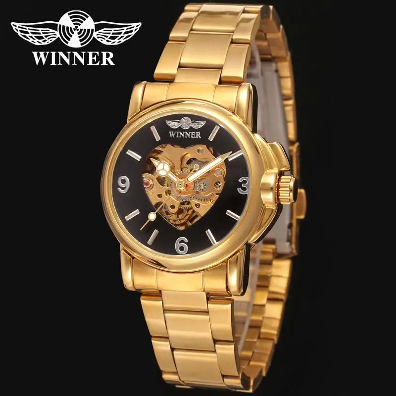 Winner Watch Women Heart Watches Full Steel Gold Skeleton Automatic Mechanical Wristwatches Ladies Reloj Mujer Relogio Feminino