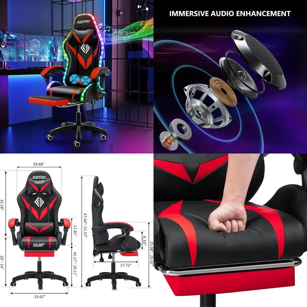 HOFFREE Gaming Chair Massage with Bluetooth Speakers and Led Lights Ergonomic Computer Gaming Chair with Footrest RGB Video Game