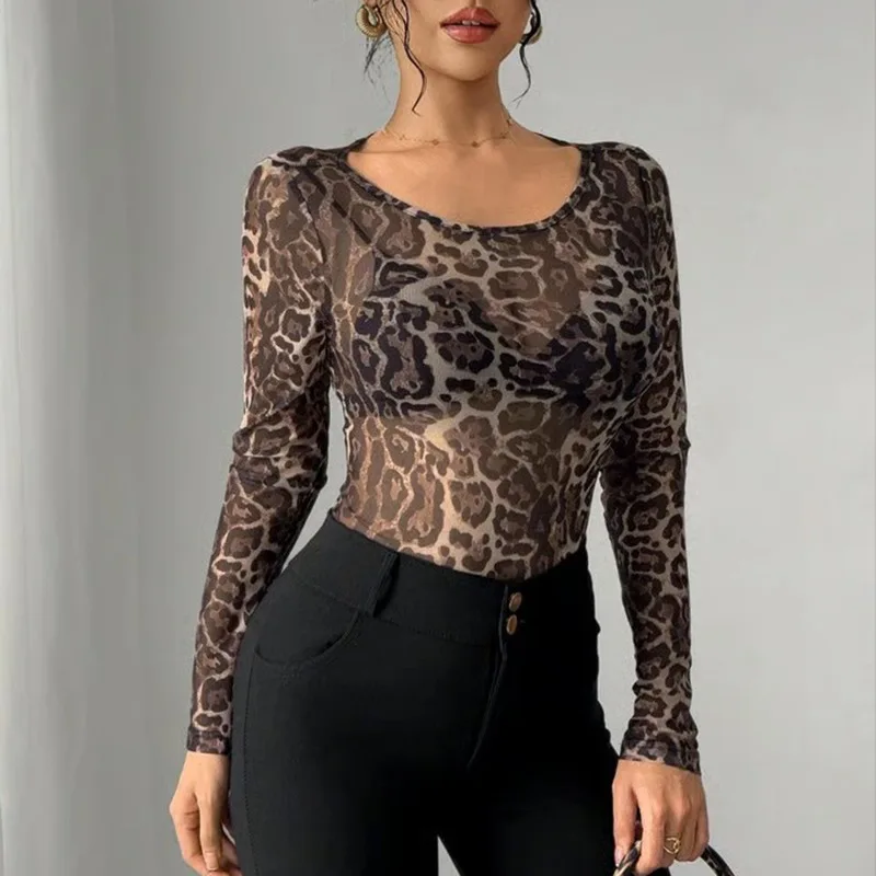 Women Leopard Print See Through T-Shirts European Style Sheer Long Sleeve Tops Nightout Breathable Slim Outfit Casual Clubwear