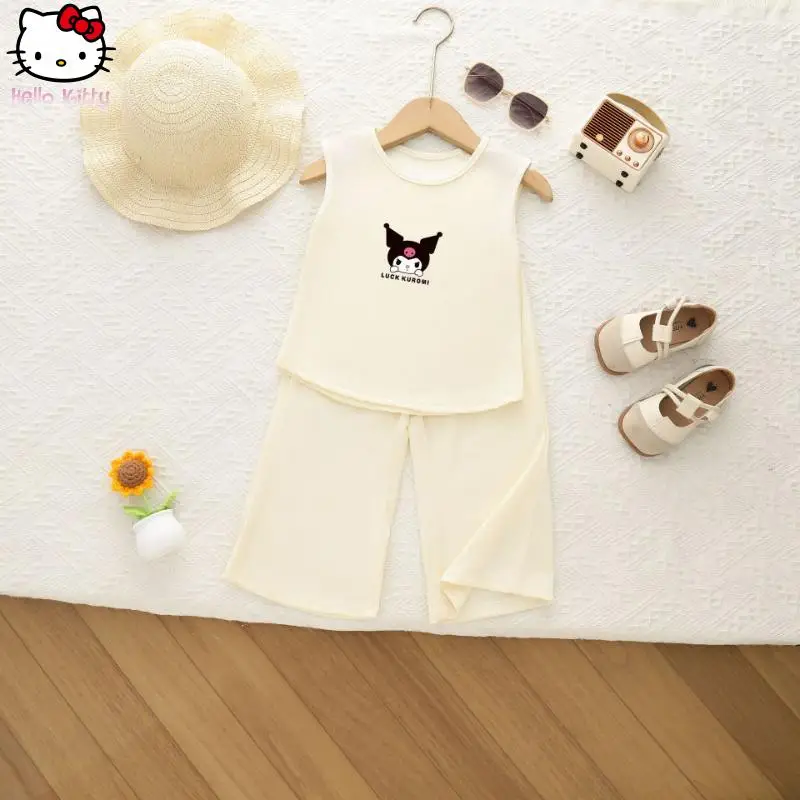 

Летний костюм без рукавов Kuromi для девочек, новый стиль с героями мультфильмов, Kawaii Sanrio, повседневный удобный жилет из ледяного шелка, брюки, дышащий сладкий