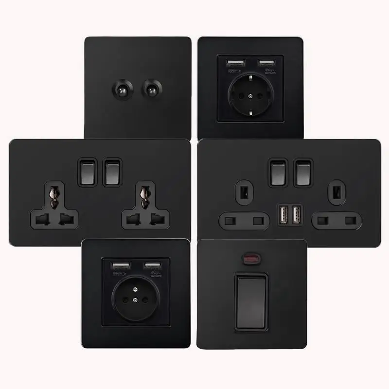 Matte Black Stainless Steel Panel Wall Light 1-4 Gang 2Way Toggle Switch EU Socket for Home Improvement  TypeC USB Charging Port