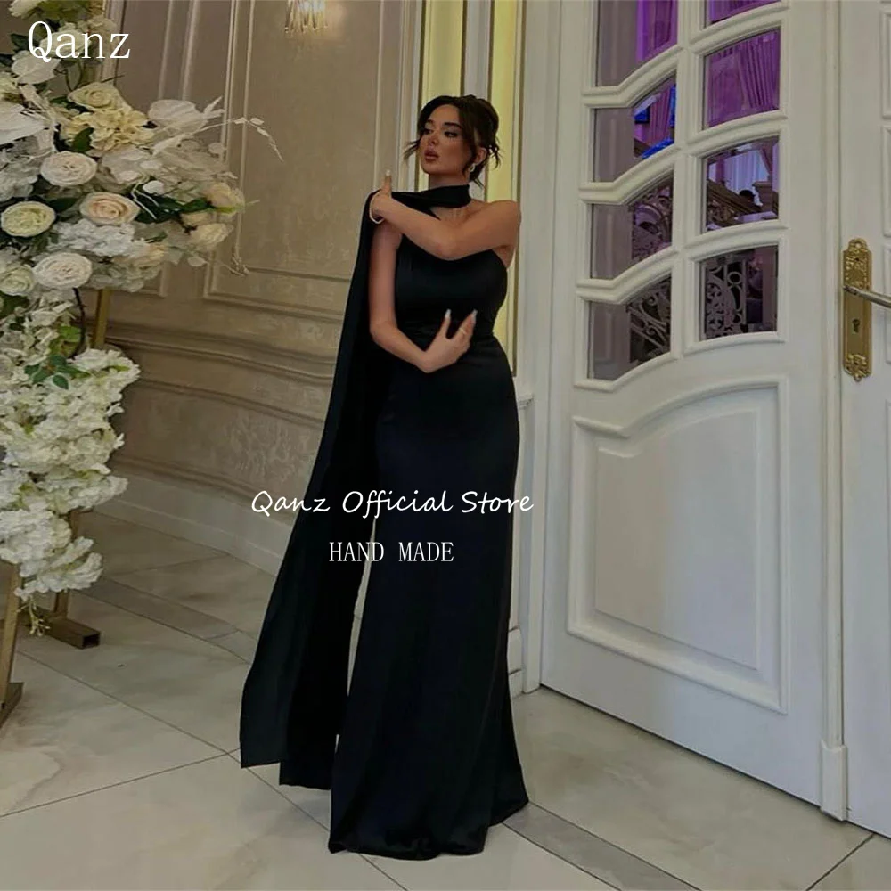 Qanz Saudi Arabia Black Evening Dresses Vintage Satin Mermaid Abendkleider Dubai Ladies Dresses for Special Occasions Customized