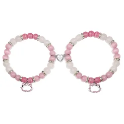 2Pcs/Set Pink Color Hello Cat Beaded Bracelets for Women Heart Magnetic Matching Couple Bracelets Girls Festival Jewelry Gifts