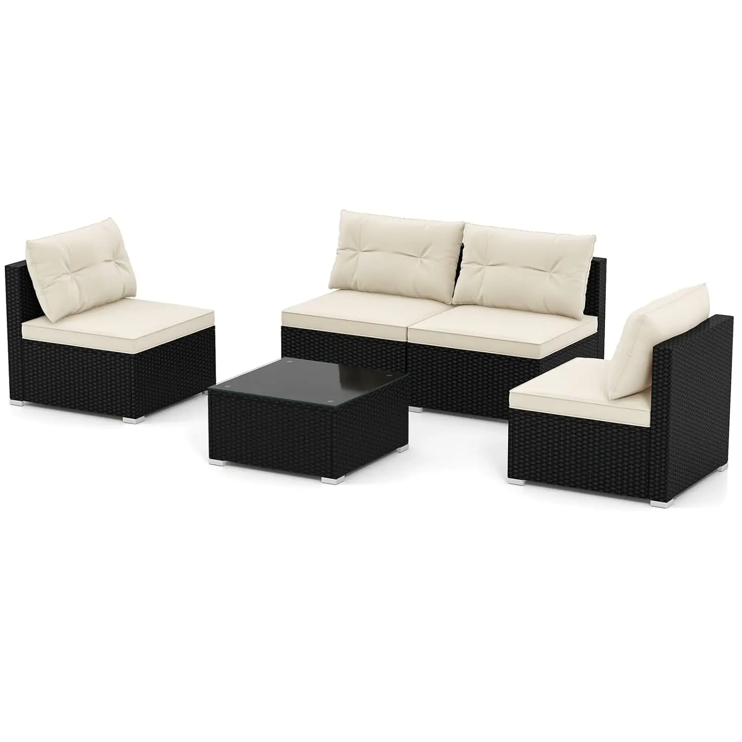 *u-5-Piece Outdoor Patio Furniture Set, Rattan Sectional Sofa Set W/Glass-Top Coffee Table, Soft Seat & Back Cushions,,