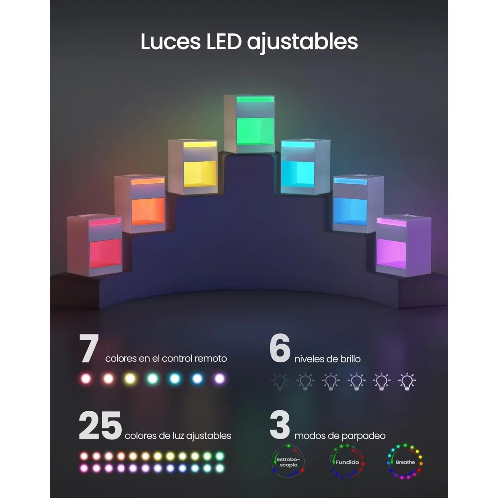 مجموعة kailyn - mesita de noche con estacional de carga، Mesa auxiliar con luces led ajustables، con cajón، 2 tomas ac، 2 puer #4