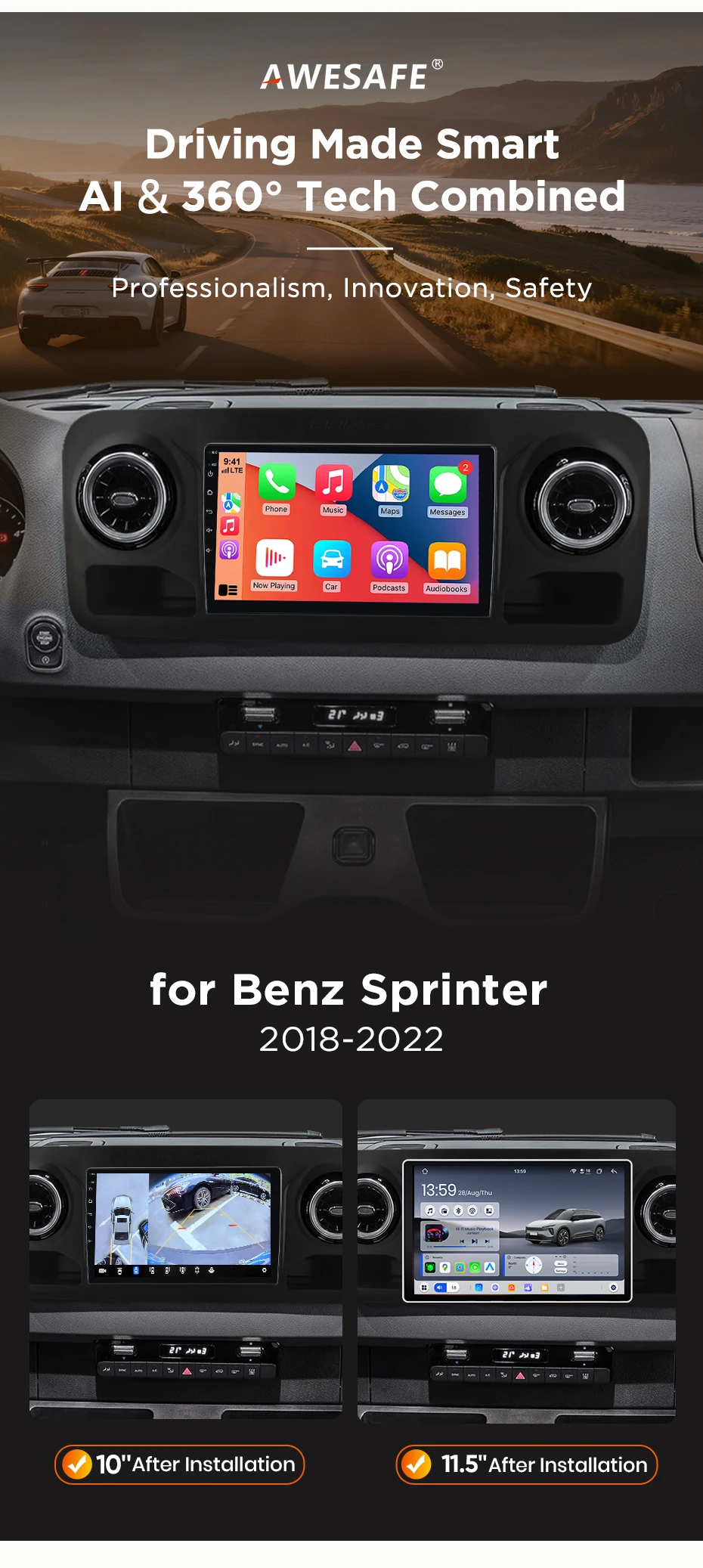 AWESAFE Kabelloses CarPlay Android Auto Radio für Mercedes Benz Sprinter 2018 2019 2020 2021 2022 Plug & Play FM BT RDS DSP GPS Multimedia – Detail 3