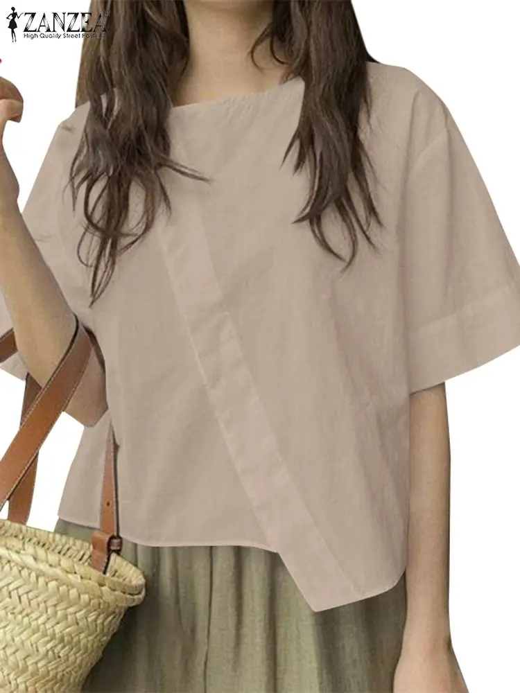 ZANZEA Women Oversize Bluse Summer Chic Irregular Short Sleeve Shirts Korean Fashion Round Neck Harajuku Tops Casual Loose Tunic